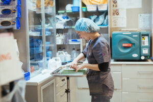 Vet Nurse preparing surgical equipment wearing a hairnet